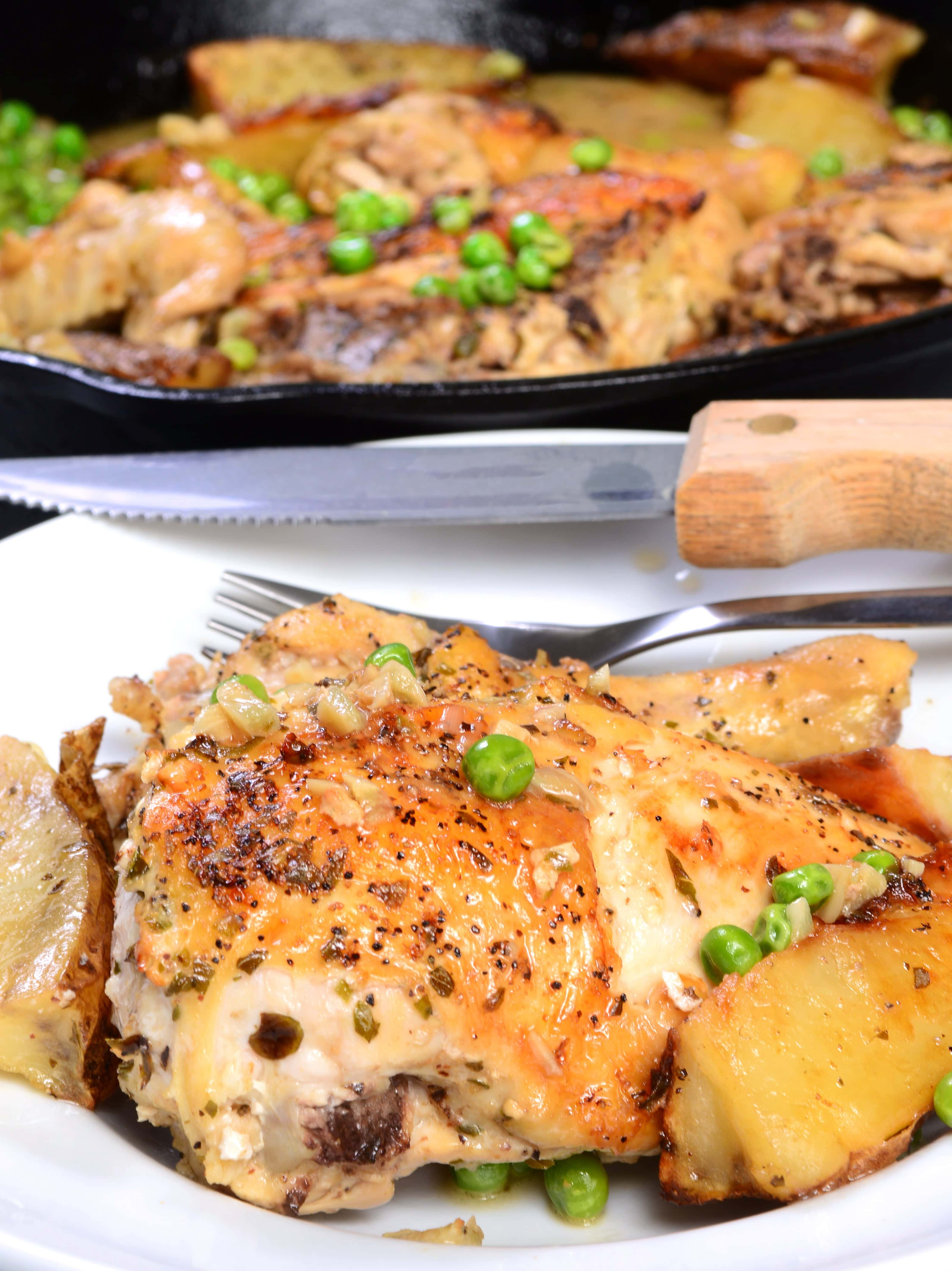 Braised Chicken Thighs with Spring Peas, Lemon, and Leeks Paired with Chablis